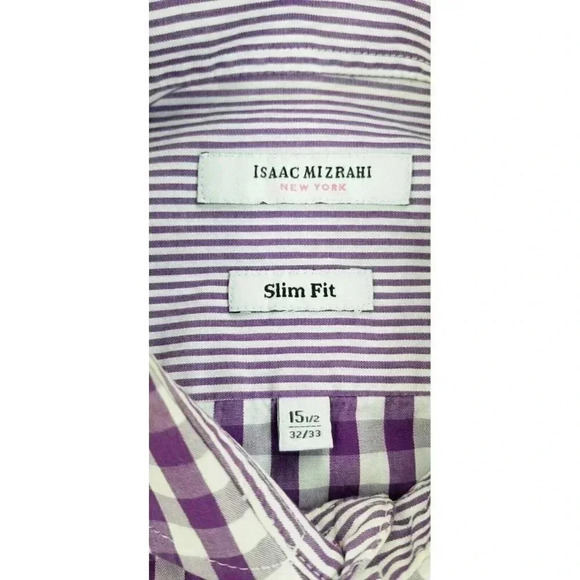 Isaac Mizrahi New York 15.5 32-33 Slim Fit Purple White Check Spread Collar Men - Picture 4 of 10